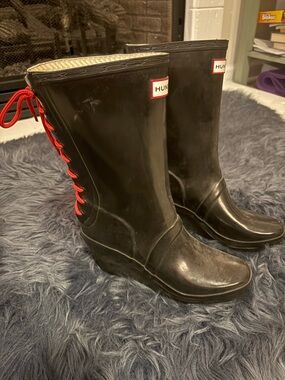 Hunter Black Waterproof Rain Boots with Red Lace-Up Back